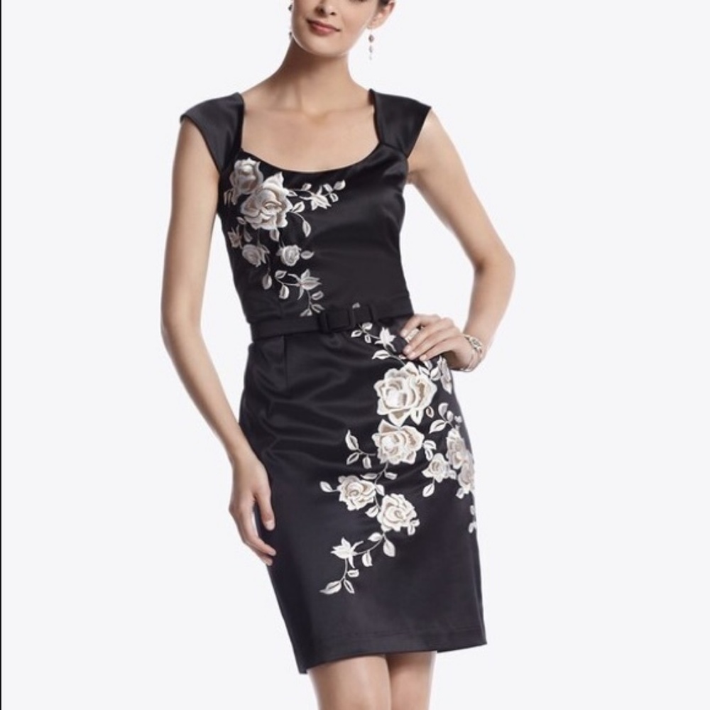 WHBM Embroidered Black Satin Sheath Dress size 2